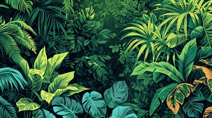lush green foliage of a tropical jungle with bright light shining through the leaves - obrazy, fototapety, plakaty
