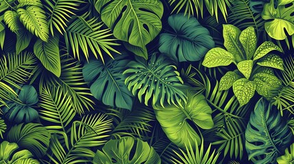A lush tropical pattern with a variety of green leaves.