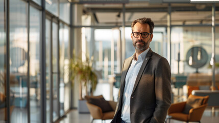 HR professional in a modern corporate office surrounded by glass walls and minimalist furniture.