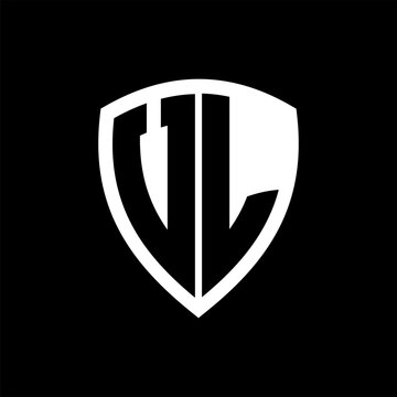 VL monogram logo with bold letters shield shape with black and white color design