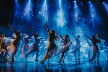 A group of dancers energetically perform on stage, raising their arms in unison as they showcase their choreography - obrazy, fototapety, plakaty