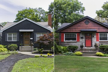 A comparison of two images showing a house with a red door before and after renovation. The wide-angle shots highlight the exterior changes - obrazy, fototapety, plakaty