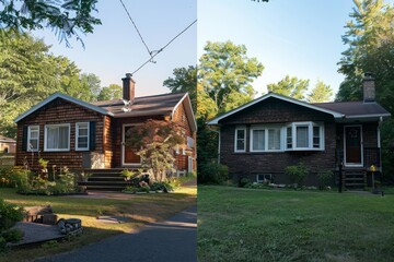 A split view of a house in the woods, showcasing the dramatic transformation before and after renovation - obrazy, fototapety, plakaty