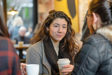 A woman is seated at a table, holding a cup of coffee