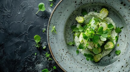 Obraz premium Innovative plant-based cuisine featuring Brussels sprouts and cabbage creatively used in vegan recipes, highlighted with artistic plating on modern dinnerware