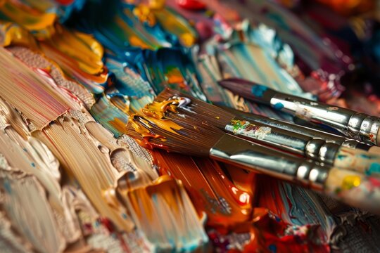A detailed view of paint brushes arranged neatly on a table, ready for use in an artists studio