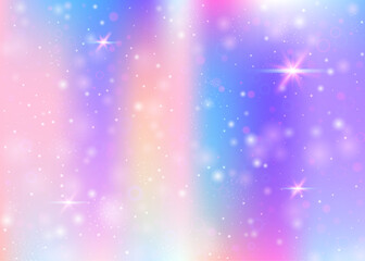 Unicorn background with rainbow mesh. Cute universe banner in princess colors. Fantasy gradient backdrop with hologram. Holographic unicorn background with magic sparkles, stars and blurs.