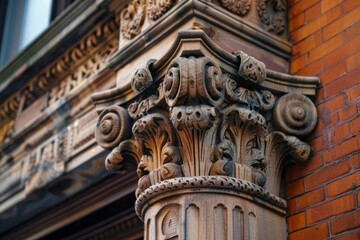 Fototapeta na wymiar Detailed view of a decorative column on a historic building showcasing intricate stonework and architectural design