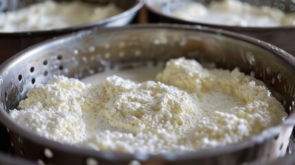 Fototapeta premium drained cheese, curd placed on perforated bases generative ai