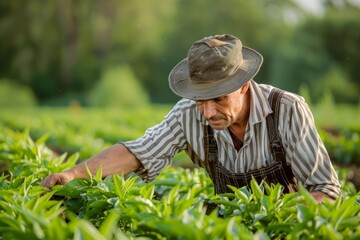 Naklejka na ściany i meble A man wearing a hat is standing in a tea plantation, carefully picking tea leaves