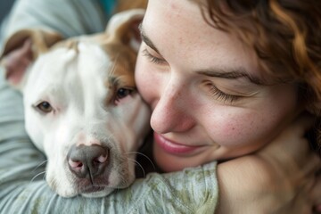 A woman closing her eyes while affectionately hugging a dog