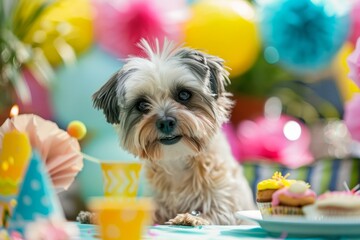 A small dog is sitting at a table with a plate of cupcakes in front of it, looking curious and attentive