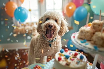 A dog standing near a colorful birthday cake with lit candles on top, creating a festive atmosphere