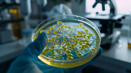 Scientist Examining Bacterial Colonies in Petri Dish