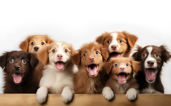 A delightful group of puppies with surprised faces and expressive eyes. Each puppy stands on wooden surface, and their mouths wide open in what appears to be joyful excitement. Banner with copy space