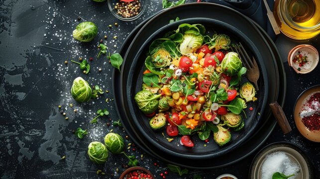 Innovative plant-based cuisine featuring Brussels sprouts and cabbage creatively used in vegan recipes, highlighted with artistic plating on modern dinnerware