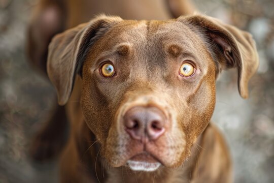 A dog gazes directly at the camera, capturing the viewers attention with its direct eye contact