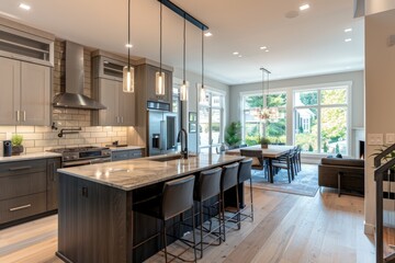 A large kitchen featuring a center island and a breakfast bar, showcasing modern smart home technology integration