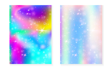 Fototapeta na wymiar Rainbow background with kawaii princess gradient. Magic unicorn hologram. Holographic fairy set. Multicolor fantasy cover. Rainbow background with sparkles and stars for cute girl party invitation.