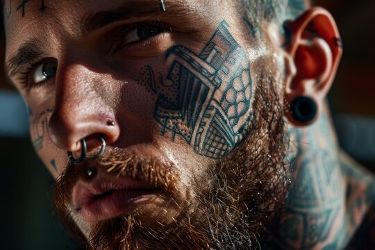 A man with a cross tattoo prominently displayed on his face, showcasing self-expression through body art