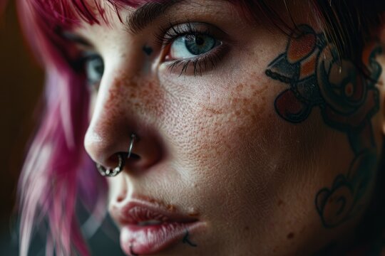 A woman with vibrant pink hair and multiple facial piercings showcasing self-expression through body art