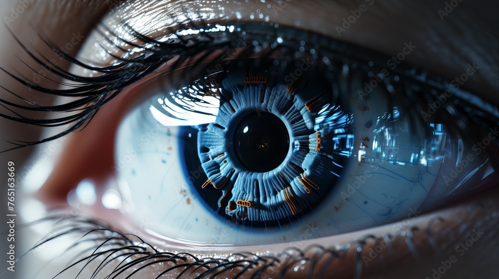 Poster an eye with a blue iridescent color with reflection of digital elements reminiscent of a high-tech i