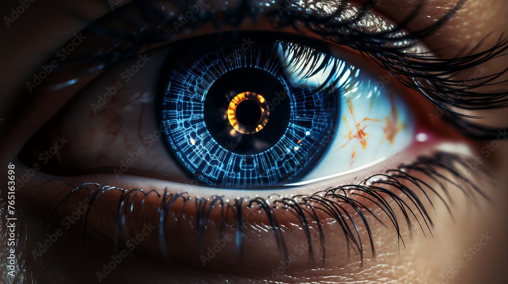 Poster an eye with a blue iridescent color with reflection of digital elements reminiscent of a high-tech i