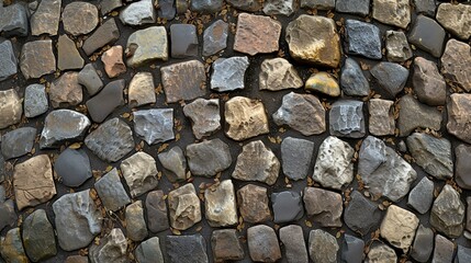 Cobblestone street with wet leaves. Seamless texture.