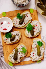 Sardine and cream cheese rillettes with gherkins .top veiw