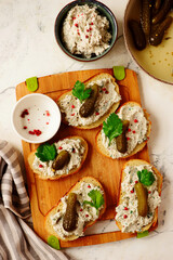 Sardine and cream cheese rillettes with gherkins .top veiw