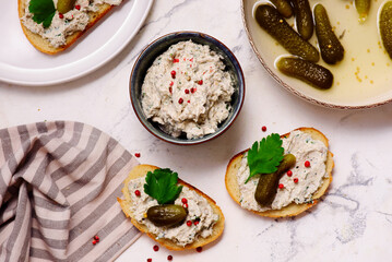 Sardine and cream cheese rillettes with gherkins .top veiw