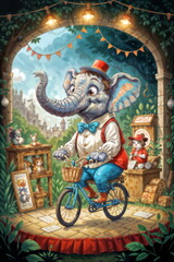 Elephant Riding Bicycle Through Colorful Toy Store,  Generative AI