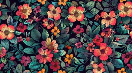 A beautiful floral pattern with a dark background. The flowers are mostly red, orange, and yellow, with some green leaves. - obrazy, fototapety, plakaty
