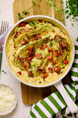Bacon and Cabbage gratin with parmesan .top veiw