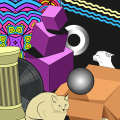 Collage with cats, a cardboard box and various geometric and patterned objects randomly placed on a black background. Vector illustration