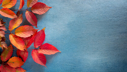 Autumn background with bright colored red-orange leaves on the left side, on blue slate surface.