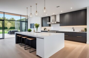 Kitchen interior in beautiful new luxury home with kitchen island and wooden floor