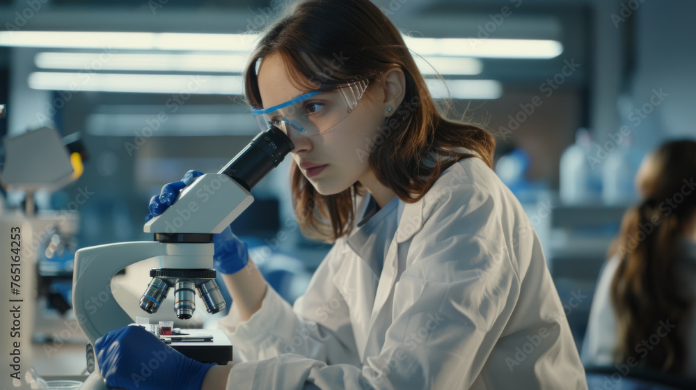 Aufkleber a scientist is examining a specimen through a microscope in a modern laboratory setting.