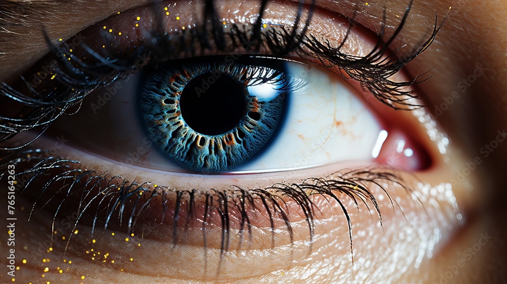 Poster an eye with a blue iridescent color with reflection of digital elements reminiscent of a high-tech i