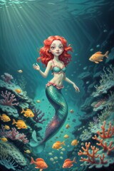 Fototapeta na wymiar A Redheaded Mermaid Explores a Vibrant Coral Reef