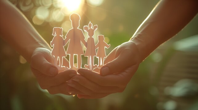 Capture the essence of unity and support with this heartwarming image of hands tenderly holding a paper cutout of a family, symbolizing the strength found in adoption and foster care.