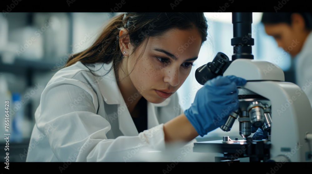 Aufkleber a scientist is examining a specimen through a microscope in a modern laboratory setting.