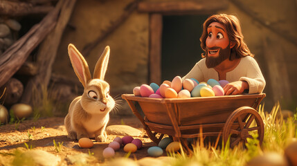Cartoon style of Jesus with an colorful Easter basket and Easter Bunny. Christian holiday Concept. Movie frame simulation.