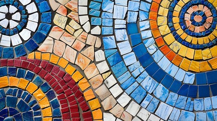 Colorful mosaic made of small square tiles. The mosaic has a geometric pattern and is made of bright colors.