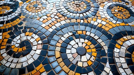 Looking down at a colorful mosaic floor with a circular pattern. The mosaic is made up of small square tiles in shades of blue, gray, and brown.