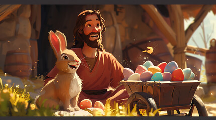 Cartoon style of Jesus with an colorful Easter basket and Easter Bunny. Christian holiday Concept. Movie frame simulation.