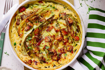 Bacon and Cabbage gratin with parmesan .top veiw