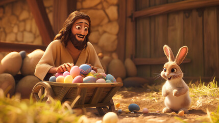Cartoon style of Jesus with an colorful Easter basket and Easter Bunny. Christian holiday Concept. Movie frame simulation.
