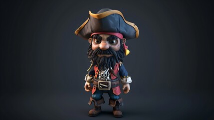 A 3D rendering of a cartoon pirate. He is wearing a blue coat with gold trim, a red vest, and a...