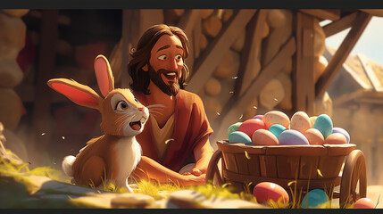 Cartoon style of Jesus with an colorful Easter basket and Easter Bunny. Christian holiday Concept. Movie frame simulation.